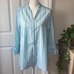 Simple NYC  3/4 Tie Cuff Striped Button Up Top